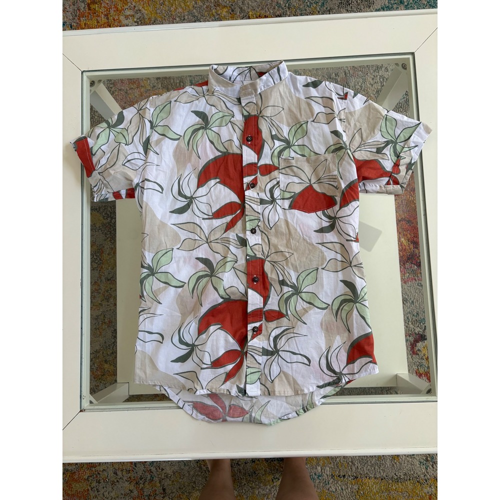 Litio Camisero y Polo Mens Small Tropical Floral Mandarin Collar Button Down